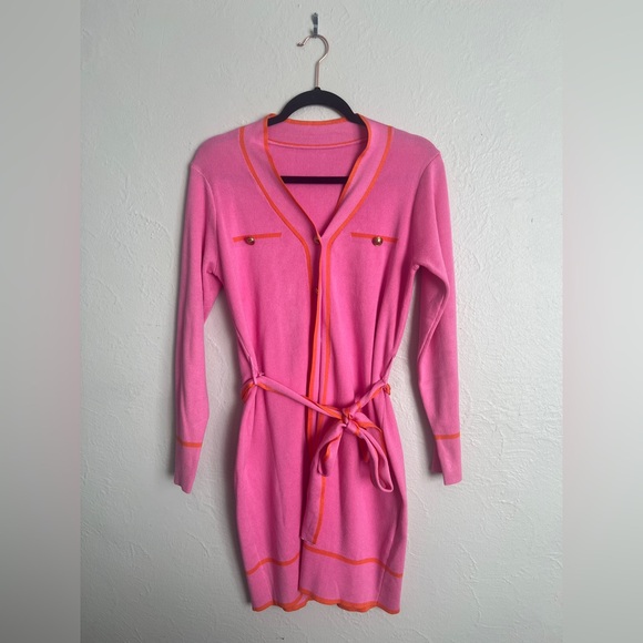 Pink Queen Women's Long Sleeve Button Down Sweater Dress with Belt Size Medium - Picture 3 of 11